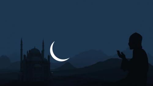 Videohive - A Muslim prays against the backdrop of a mosque and the rising moon. Ramadan holiday. - 36976082