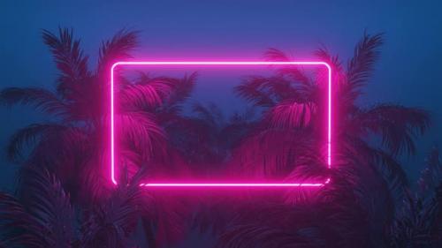 Videohive - Retrowave Glowing Rectangle Frame Appears in the Tropical Palm Tree Zoom in - 36976726