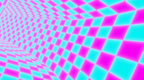 Videohive - Flying Pink and Blue Vaporwave Aesthetic Checkerboard Curved Tunnel - 4K - 36997555