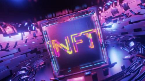 Videohive - Rotation of technological cube with neon NFT inscription.. Seamless animation. - 37244405