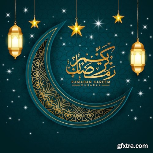 Ramadan greeting card crescent moon islamic background with eid mubarak illustration Premium Vector