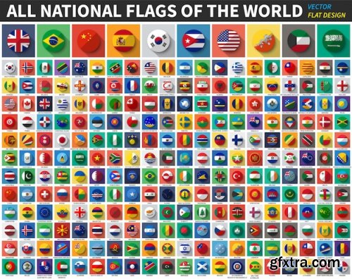 All national flags of the world . flat color and long shadow design . vector . Premium Vector
