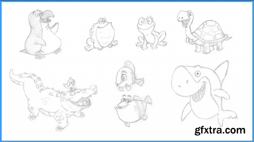 Sea Animal Character Drawing (Turtle, Shark, Fish, Whale, Octopus, Crab, Frog, Crocodile, Penguin)
