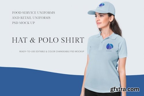 Hat and polo shirt psd mockup food service and retail uniform