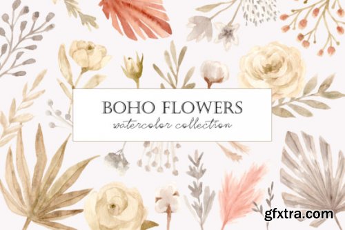 Boho Flowers. Watercolor Collection