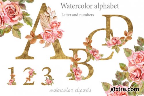 Boho Roses and Gold Alphabet Clipart