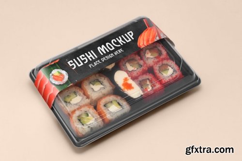 Plastic asian food packaging with sushi label mock-up
