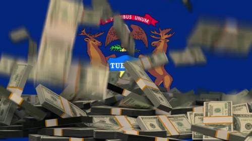 Videohive - US Dollars Falling in front of Michigan State Flag - 37483114
