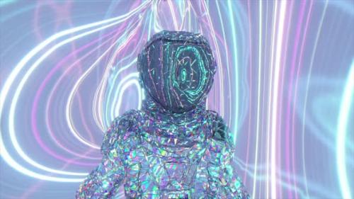 Videohive - An Astronaut in a Diamond Suit Walks Against the Backdrop of Pink and Blue Glowing Neon Lines - 37520681