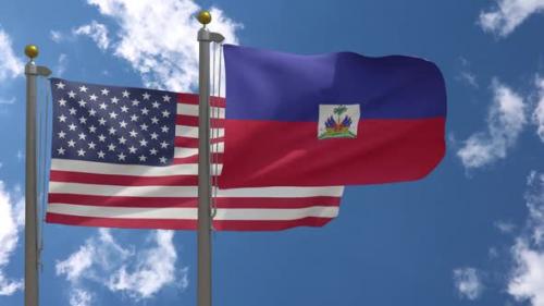 Videohive - Usa Flag Vs Haiti Flag On Flagpole - 37752929