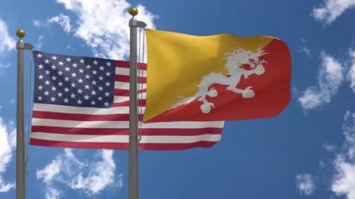 Videohive - Usa Flag Vs Bhutan Flag On Flagpole - 37752956