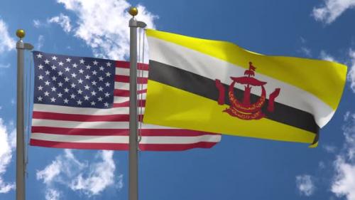 Videohive - Usa Flag Vs Brunei Flag On Flagpole - 37752957
