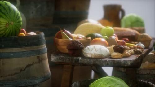 Videohive - Food Table with Wine Barrels and Some Fruits Vegetables and Bread - 37805387