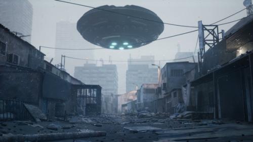 Videohive - A Flying Saucer Flies Over A Deserted City - 37912241