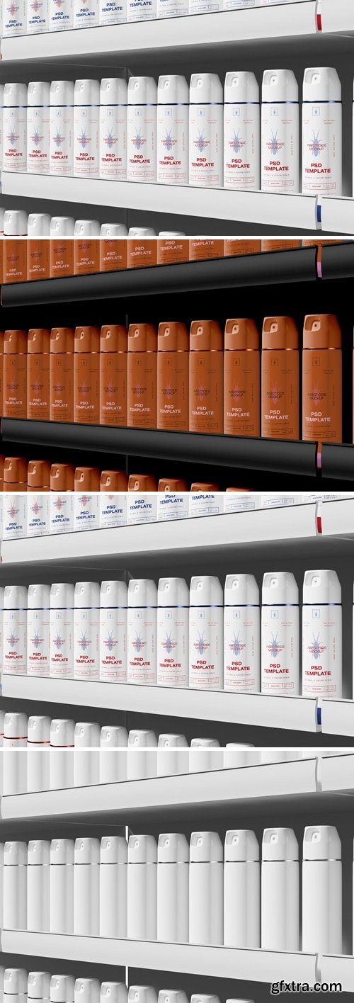 Store Shelf with Aerosol Bottles Mockup KKEM3B7