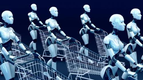 Videohive - 4K concept animation of women robots shopping - 37994786