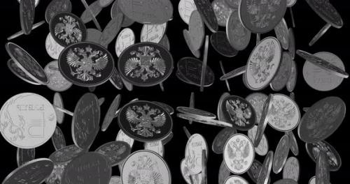 Videohive - Silver Coins and Symbols of the Russian Rubl Currency Euro Rotate and Turn on Alfa Background - 38106268