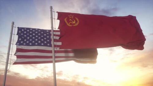 Videohive - URSS Soviet Union and United States Flag Waving at Wind at Sunset - 38023314