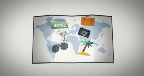Videohive - Fold world map with vacation icons popping out. Digital animation on white and black background isol - 38027514