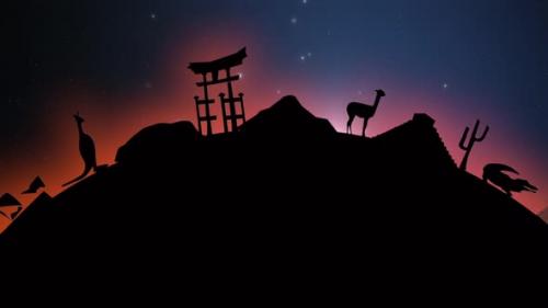 Videohive - Silhouette of spinning earth with city atttractions and flying stars at sky during night. - 38027526