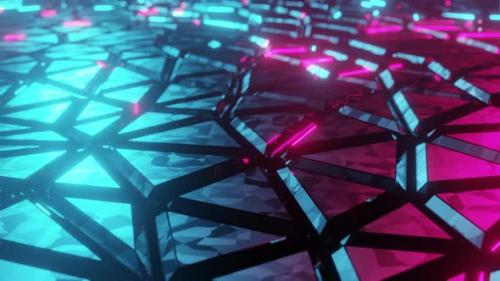 Videohive - 3D pulsing neon graphics render with reflections on cyber futuristic geometric shapes for digital ba - 38028462