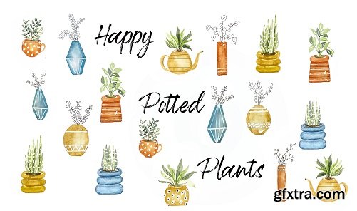 Happy Potted Plants with Watercolor and Ink