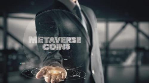 Videohive - Businessman with Metaverse Coins Hologram Concept - 38121033