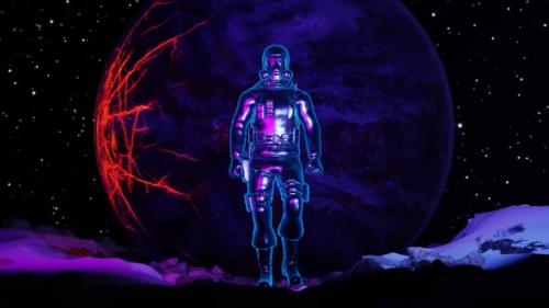 Videohive - A neon astronaut walks the planet. Looped animation 02 - 38189305