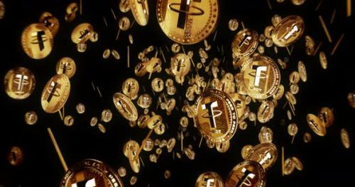 Videohive - Tether USDT stablecoin cryptocurrency flying between golden coins loop - 38337334