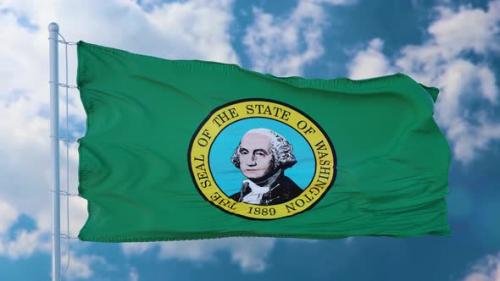 Videohive - Washington State Flag on a Flagpole Waving in the Wind Blue Sky Background - 38304689