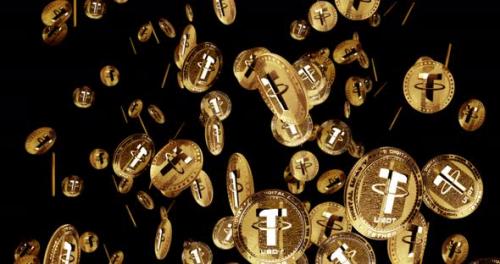 Videohive - Tether USDT stablecoin cryptocurrency golden coin rain isolated loop - 38316306