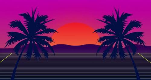 Videohive - Miami 80s style background animation. Purple layout design. Red sun, mountains and palm trees - 38492280