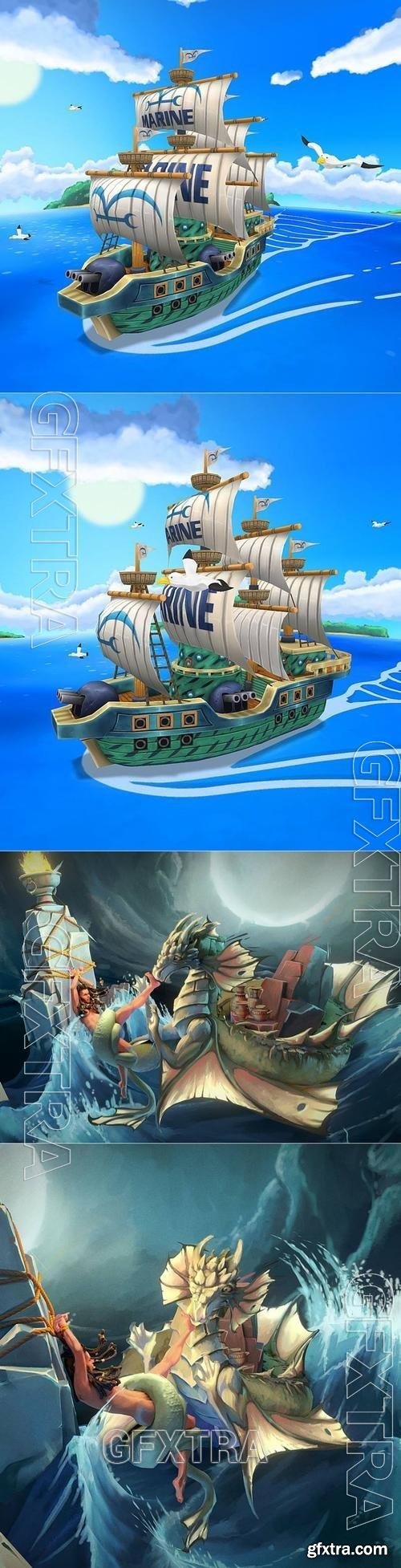 One Piece Marine Ship and Andromeda & Ketos 3D