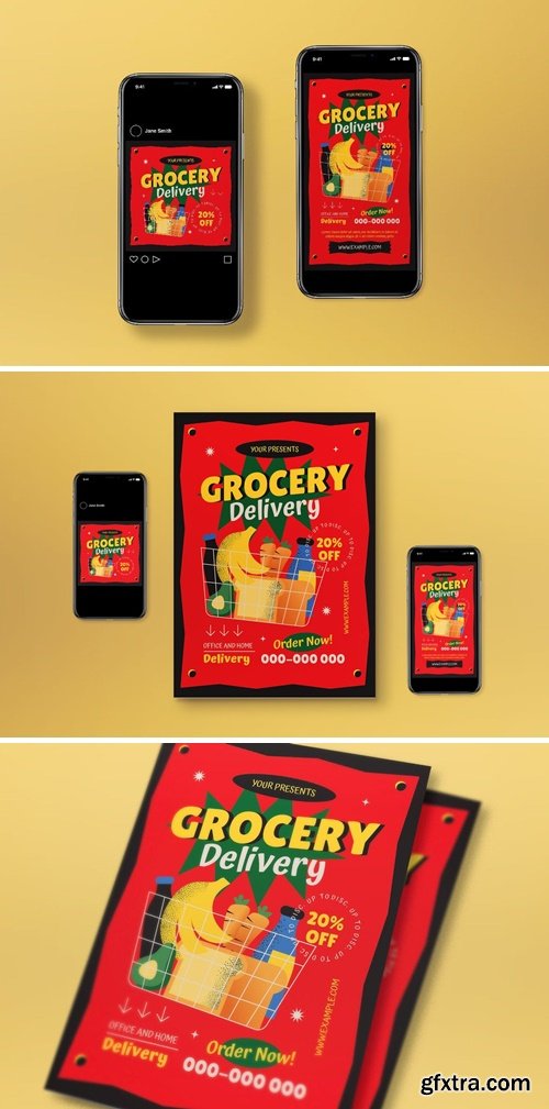 Red Flat Design Grocery Delivery Flyer Set A5QMQDF