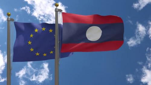 Videohive - European Union Flag Vs Laos Flag On Flagpole - 38837083