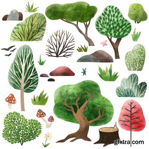 Watercolor forest elements hand drawn illustration
