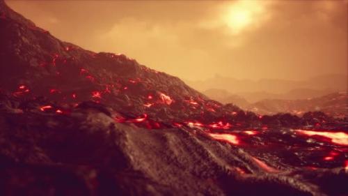 Videohive - Black Lava Field with Hot Red Orangelavaflow at Sunset - 38950202