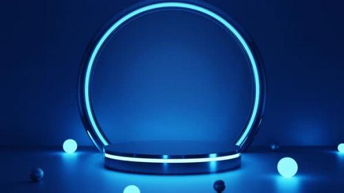 Videohive - Seamless looping cyberpunk blue empty podium with glowing lamp in the dark - 38960506