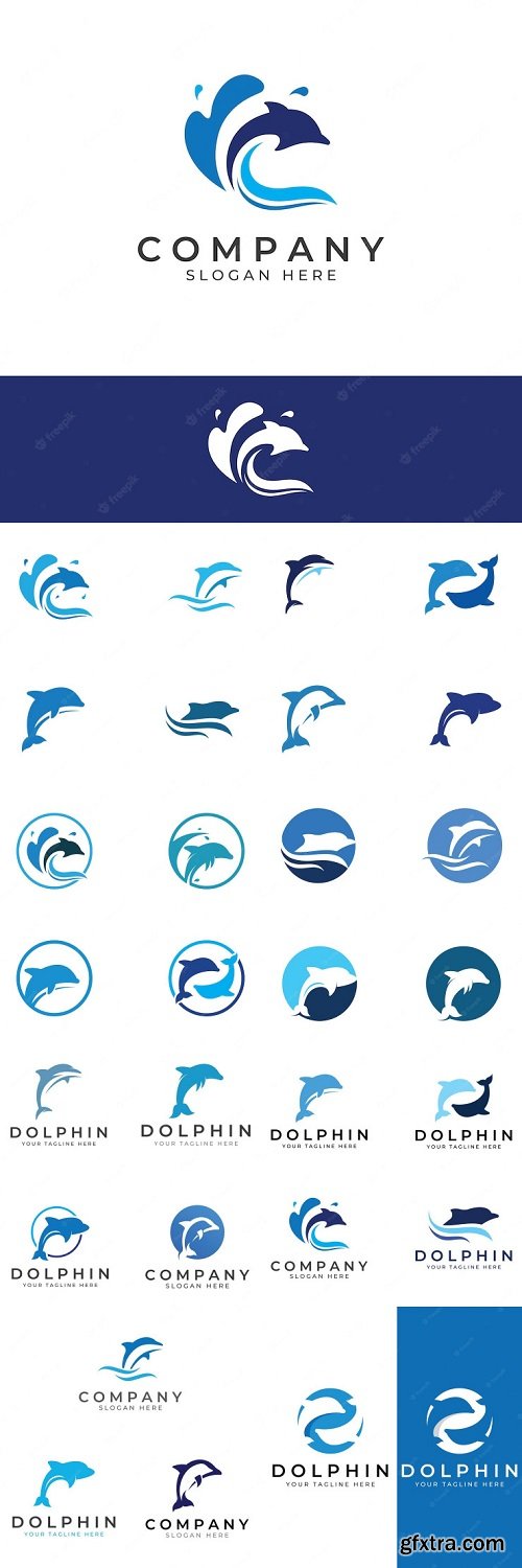 Dolphin logo, dolphin jumping on the waves of sea or beach with vector illustration