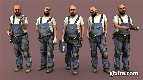 Bald Worker in Overalls & White T-shirt 3D Model