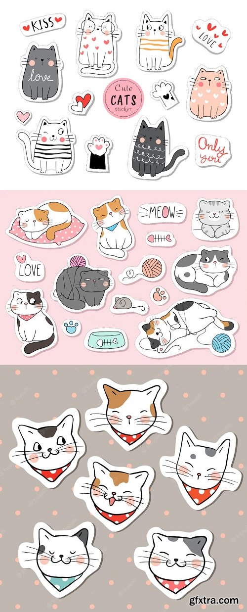 Draw collection stickers funny cats doodle cartoon style