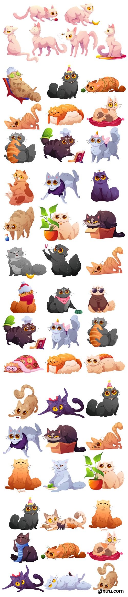 Cute pets characters cats and kittens in different poses vector cartoon set