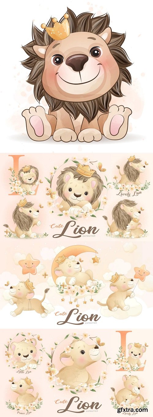 Cute little lion with watercolor illustration set