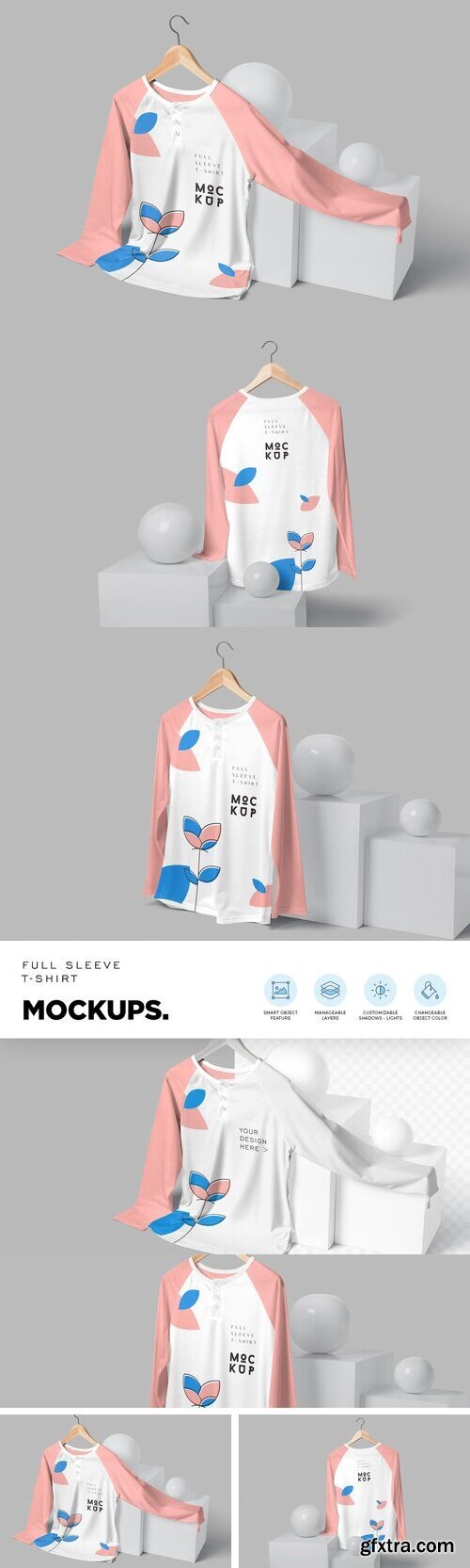 CreativeMarket - 3 Button Full Sleeve T-Shirt Mockups 6703765