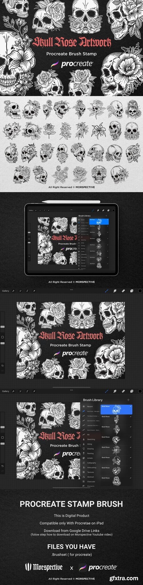 CreativeMarket - 30 Skull Rose Floral Procreate Brush 7556753