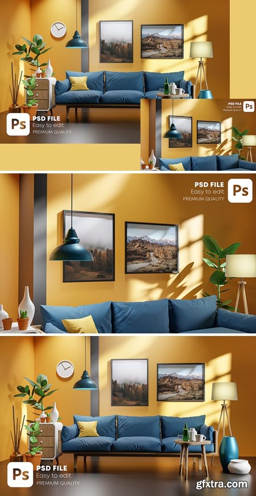 Two Frame Artwork Template Mockup Yellow Wall 3D ZL6XMWG