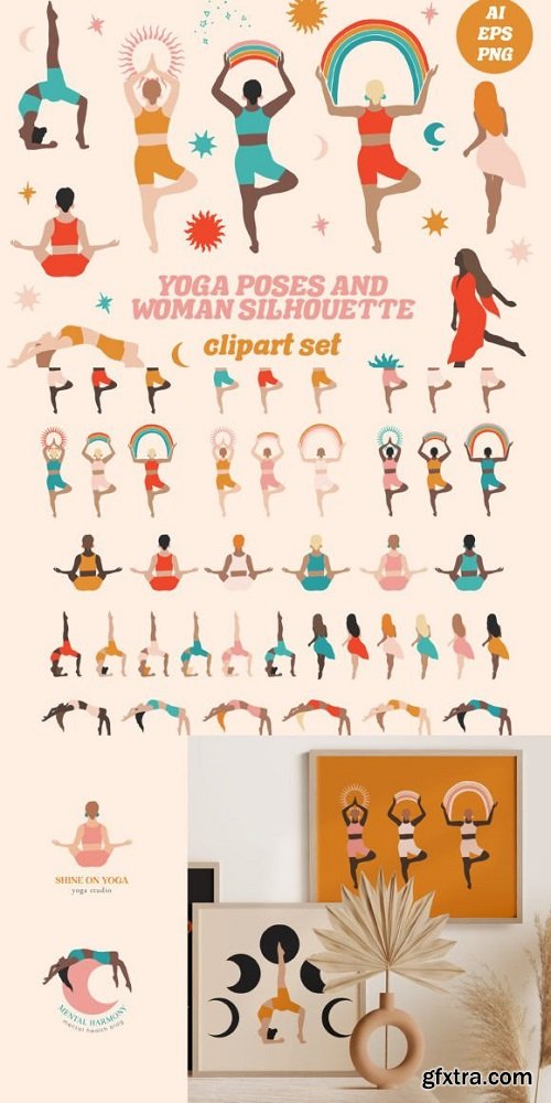 Yoga Clipart Set Poses Woman Silhouette