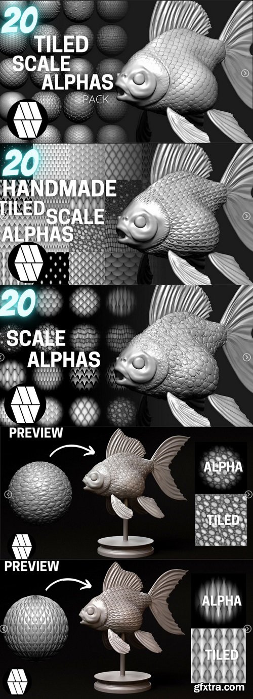 20 Scale Tiled Alphas - Custom made Alphas to use in ZBrush