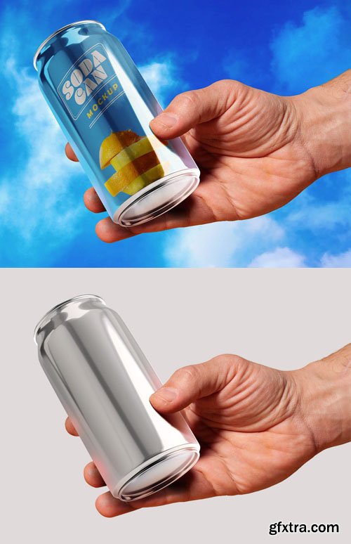 Glossy Tin Can In Hand PSD Mockup Template