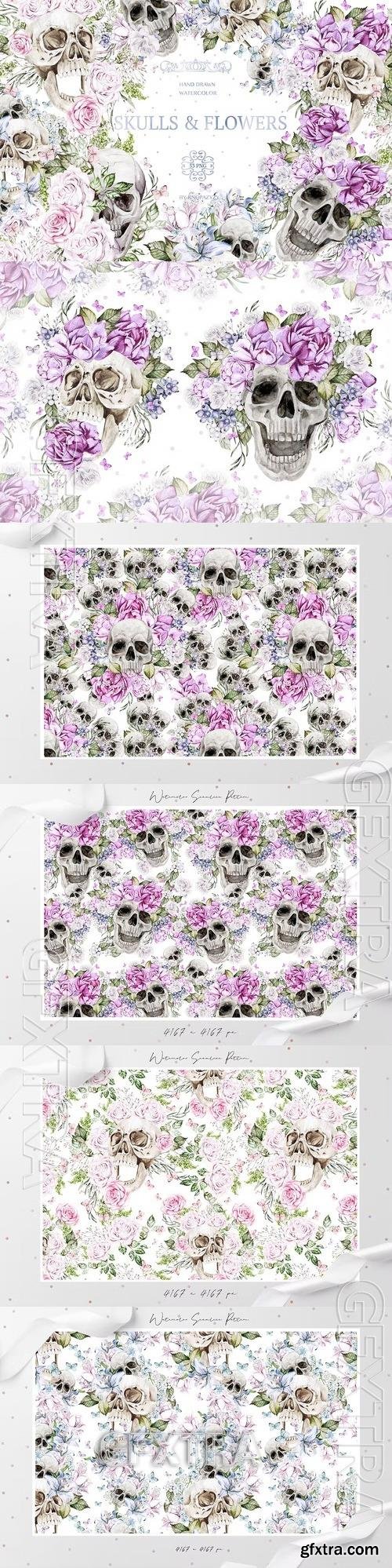 Watercolor Skulls & Flowers 9HM4E6D